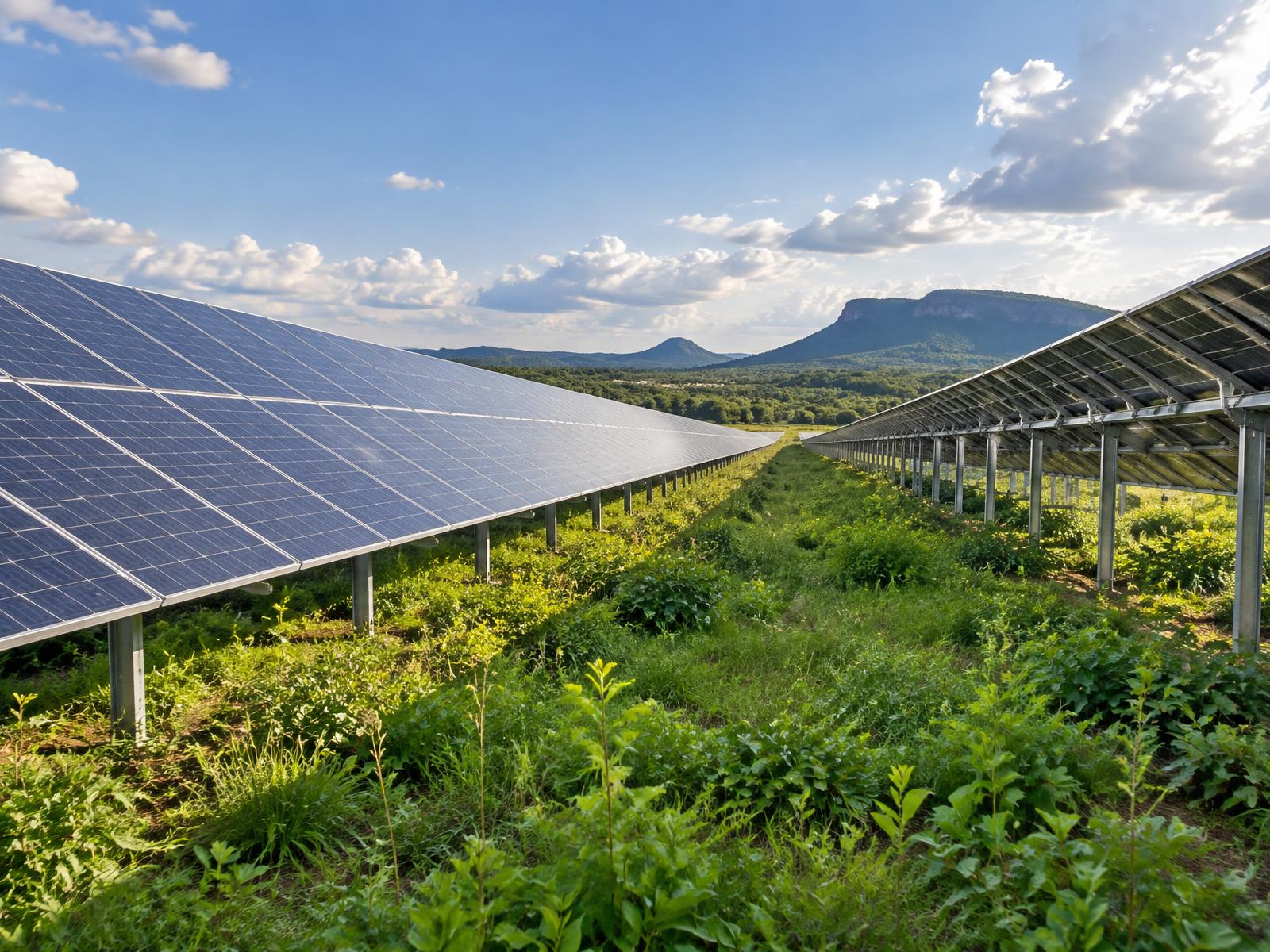 Fileiras de painéis em uma usina solar com vegetação preservada entre as estruturas